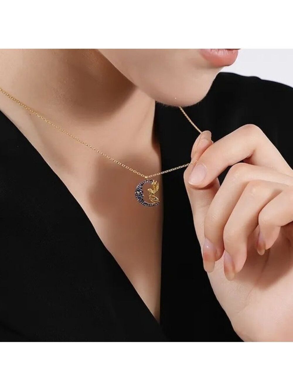 925 Sterling Silver Plated with 18k Yellow Gold Angel On Moon CZ Pendant - Picture 2 of 6